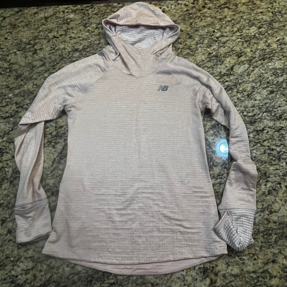 New Balance Heat Womens Pink Heathered Hooded Running Top Thumbholes Funnel Neck
